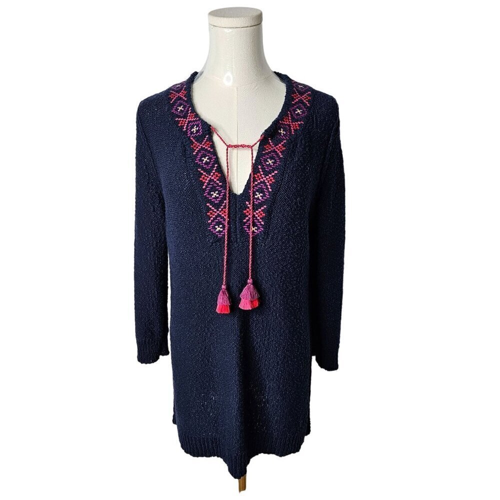 Tommy Bahama Medium Eden Bay Tassel Tunic Top‎ Blue Pink Tassels & Embroidery